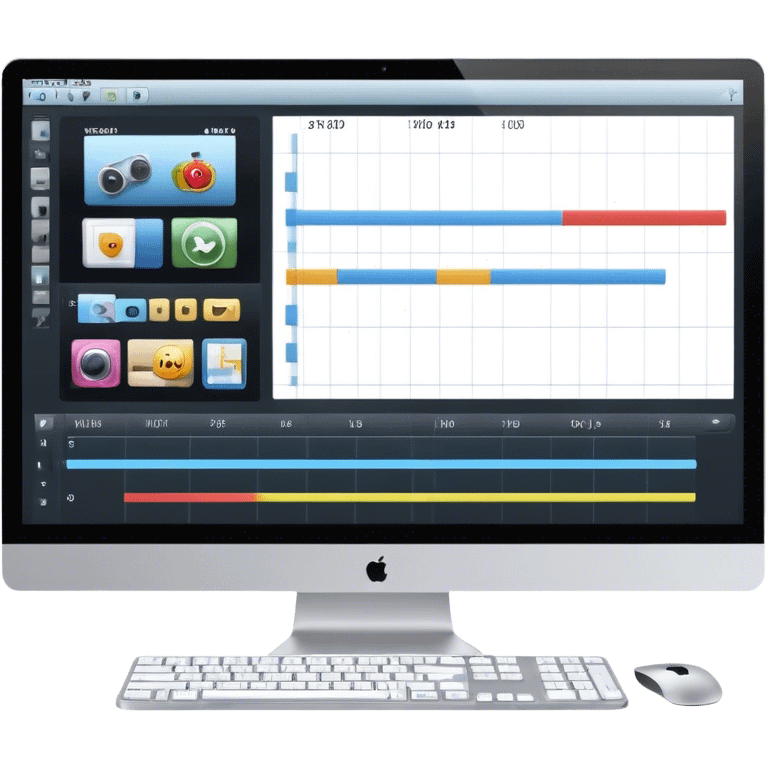 Create an emoji of video editing. Should feature a video editing timeline or interface on a computer screen, showing clips and a playhead. Include a video camera and editing tools. No smiley faces. Make the background transparent. emoji