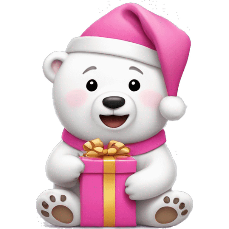 Happy pink polar bear with a Santa hat and holding a tiny pink gift emoji