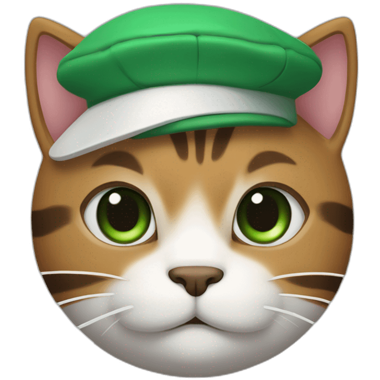 Brown cat with black stripes and white mustache and the contour of the white mouth and green eyes with a brush pencil and a beret emoji