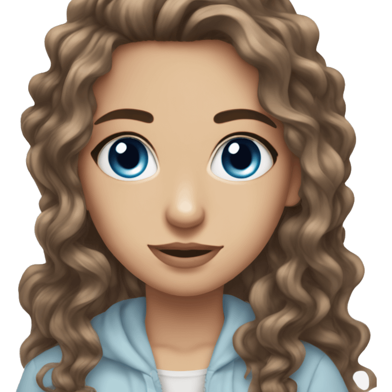 blue eyes, long wavy brown hair, thick eyebrows, long eyelashes, girl emoji