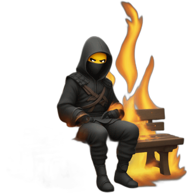 ninja sitting on bench on fire with letters raining emoji