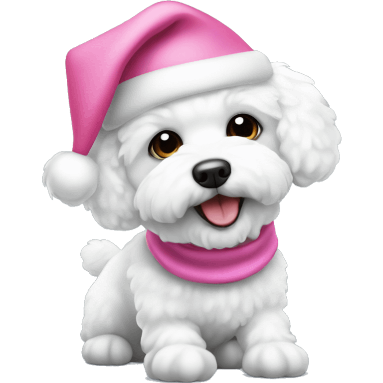 White bichon dog wearing a pink Santa hat emoji