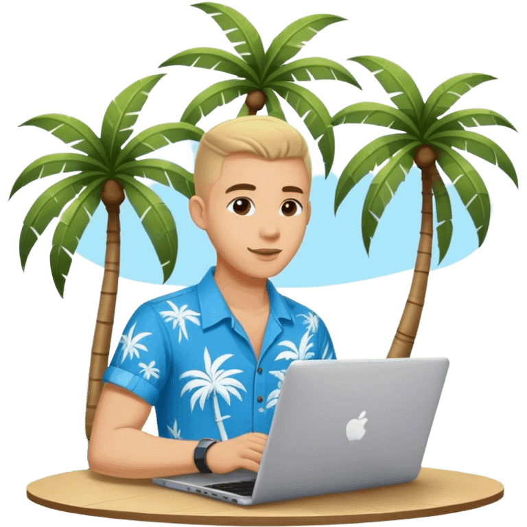 A digital nomad in bali working on a laptop wearing a tropical blue shirt with a palm tree on the side emoji