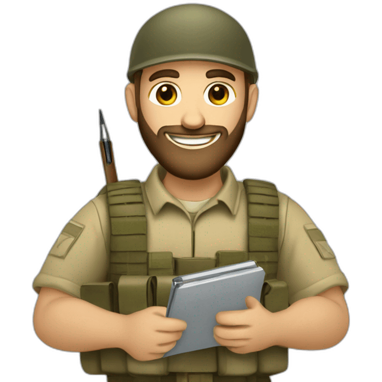 pale brown bearded israeli IDF soldier happy holding notebook and pen emoji