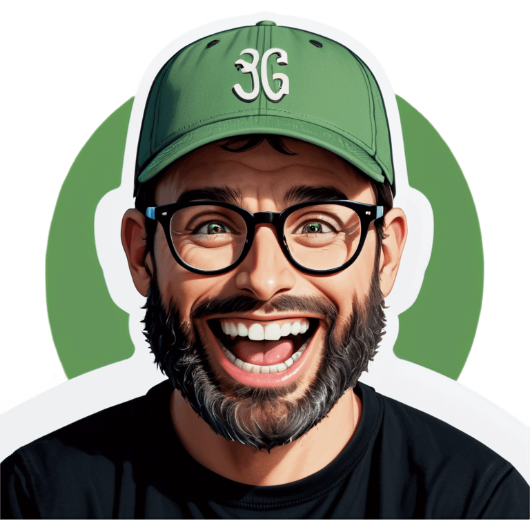 A man with a grey baseball cap, green eyes, big dark brown beard and glasses, laughing out loud  emoji