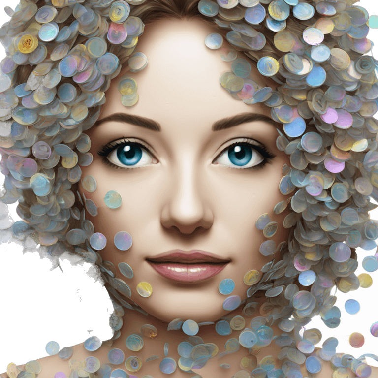 Person face portrait made entirely of holographic vinyls music discs cds and music notes emoji