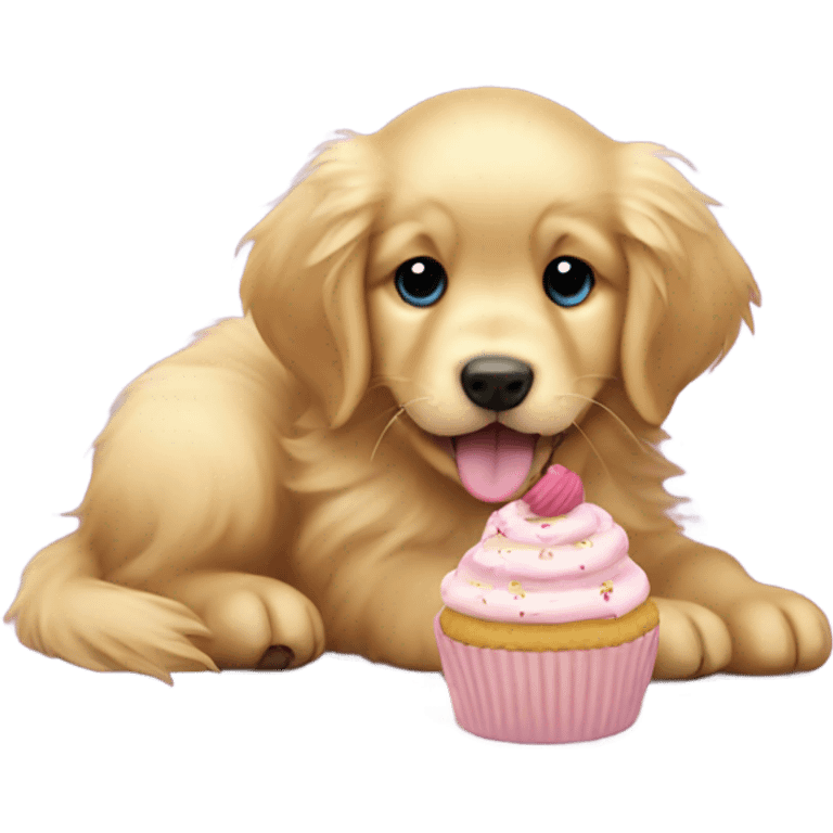 Fluffy golden retriever puppy eating a cupcake  emoji