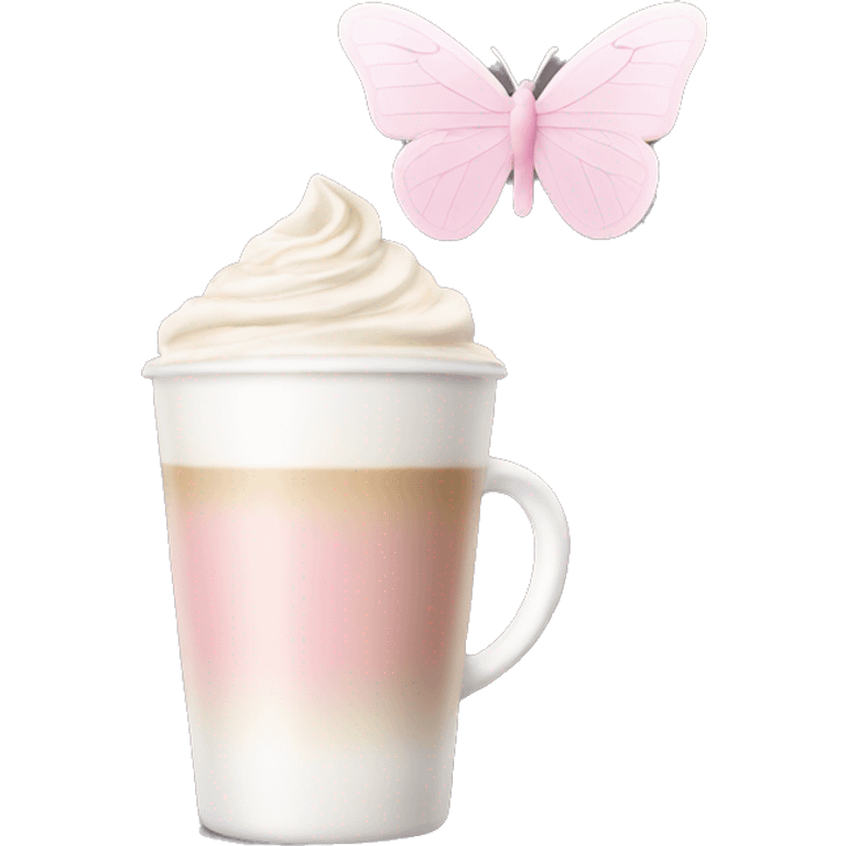 Latte coffee with the pastel pink glass and a white butterfly sticker emoji