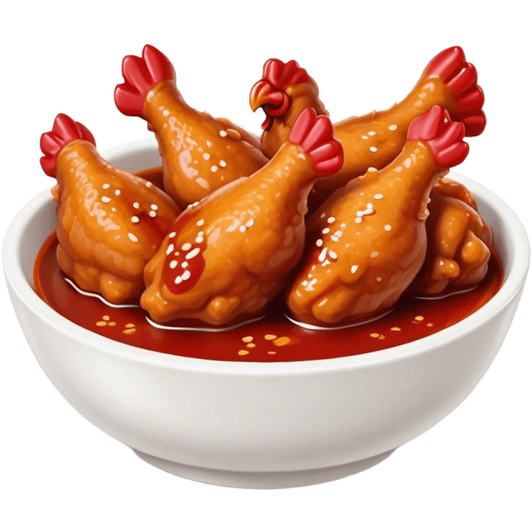 Korean Fried Chicken Cinematic Realistic Korean Fried Chicken Dish Emoji, depicted as bite-sized chicken pieces generously coated in a glossy, spicy sauce, in a bowl. emoji