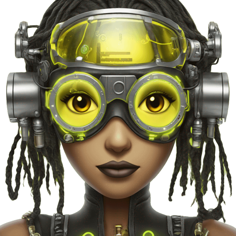 Neon yellow bobbed hair Latina female cyborg head with silver steampunk goggles and circuits emoji