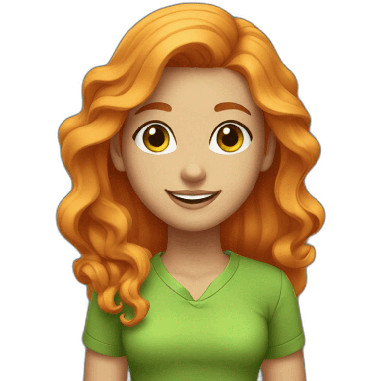 Cute girl with wave long orange hair (middlepart), green eyes, gold earrings and a green shirt. She is smiling emoji