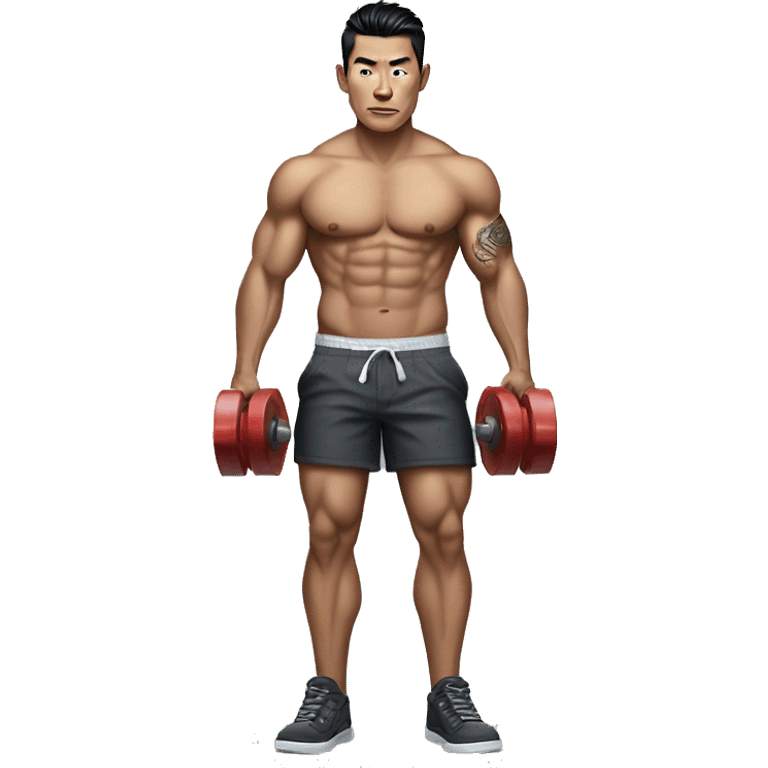 bad boy asian. tattoos. muscles. holding weights. realistic, full body with legs. making the 'rizz' face  emoji