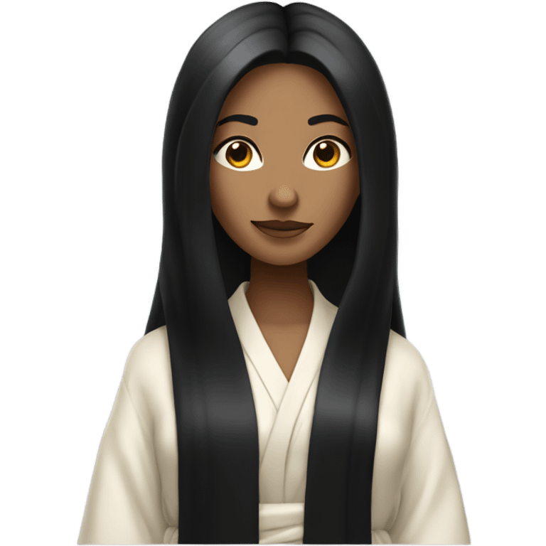 Beautiful slender woman with long black hair stands in a robe emoji