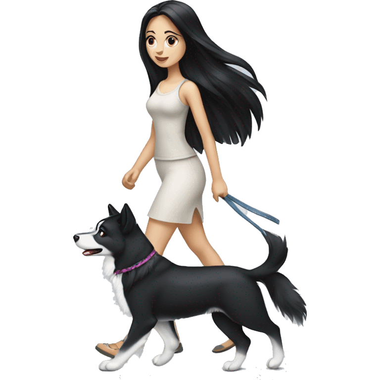 Long black hair pale girl walking husky dog emoji