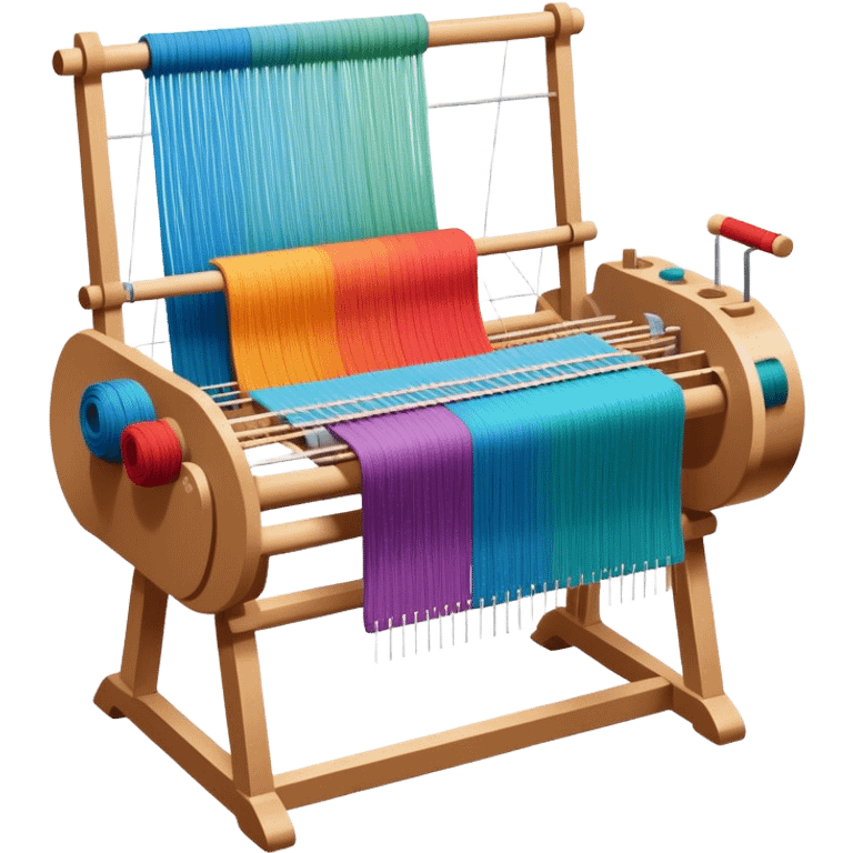 Weaving icon, loom with colorful fabric being woven, visible shuttle, spools of yarn, fabric swatches, sewing patterns, and finished clothes, minimalistic style, clean lines, transparent background. emoji