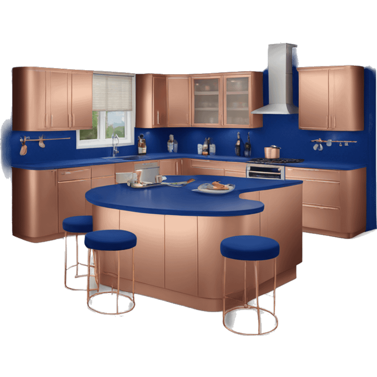 Realistic front facing rose gold and cobalt blue kitchen with counter and island bar. emoji