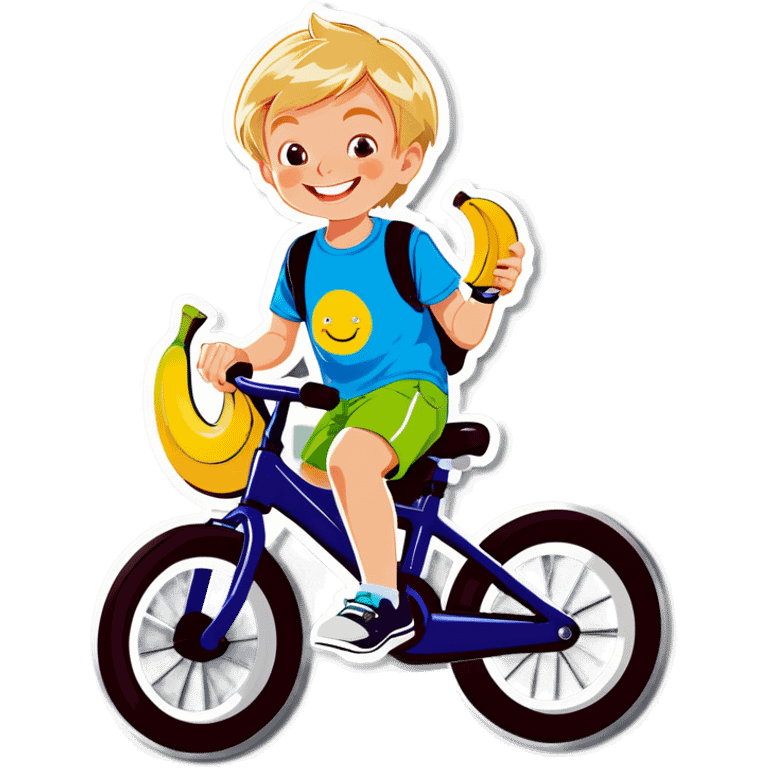 Blonde boy with a smile about to eat a banana  on a bike  emoji