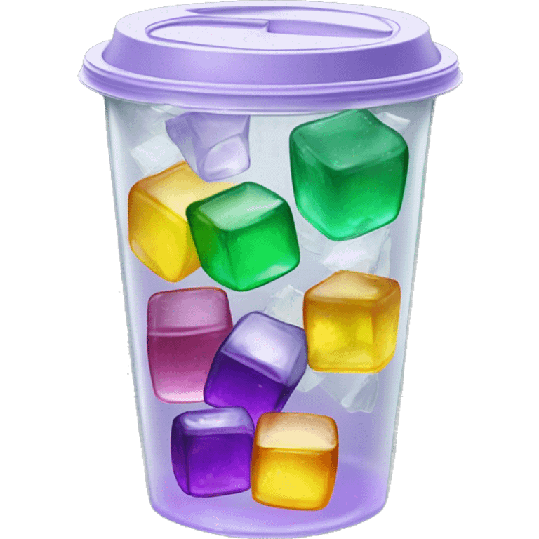 Realistic see through plastic cup and lid with half full Transluscent yellow, green ,purple soda,straw and large ice cubes inside. emoji