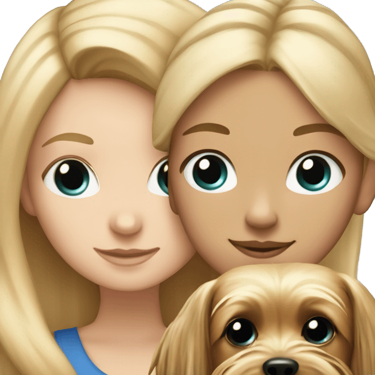 A white girl with blonde hair and blue eyes hugging a Yorkshire terrier emoji