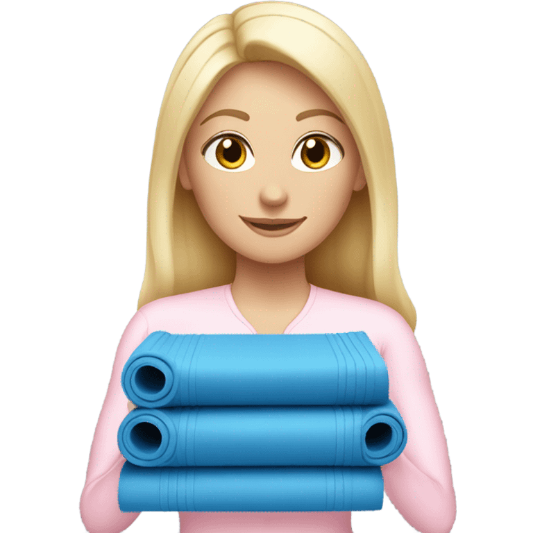 A blonde white girl in a light pink fitness suit with a full-length fitness mat emoji