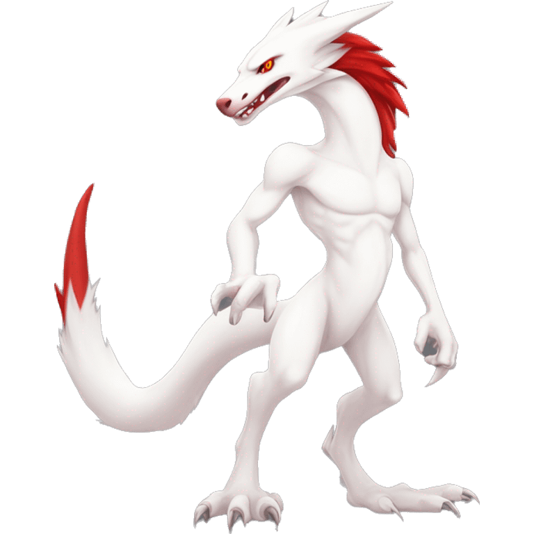 White edgy cute badass epic anthro modern albino sergal-vernid-Fakémon with red mane and red eyes, full body emoji