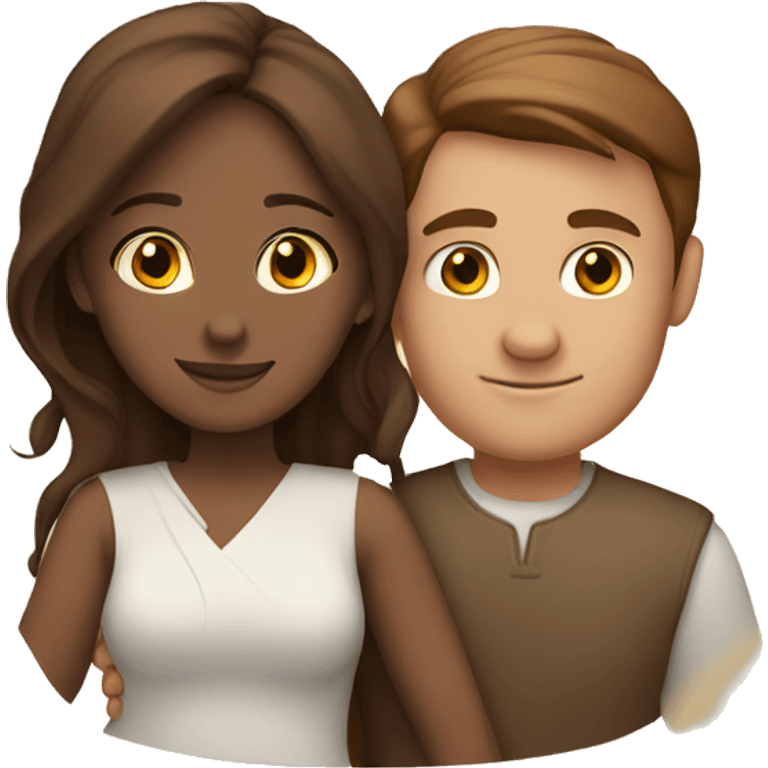 Couple hug, white woman with brown hair and Indian man with fair skin emoji