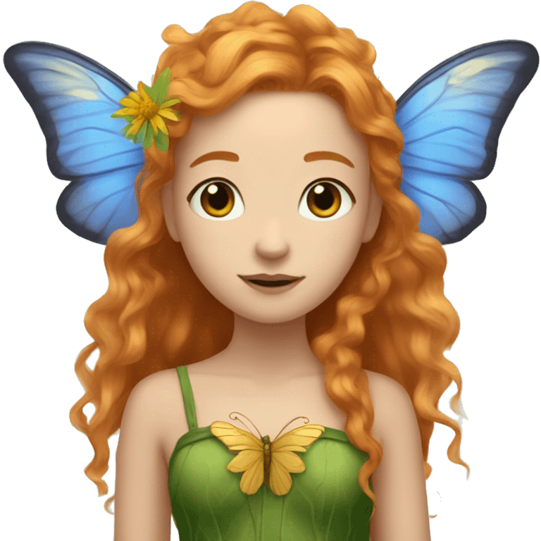 Beautiful, cornflower, fairy, green, gold, chest length ginger hair, big green and gold butterfly wings emoji