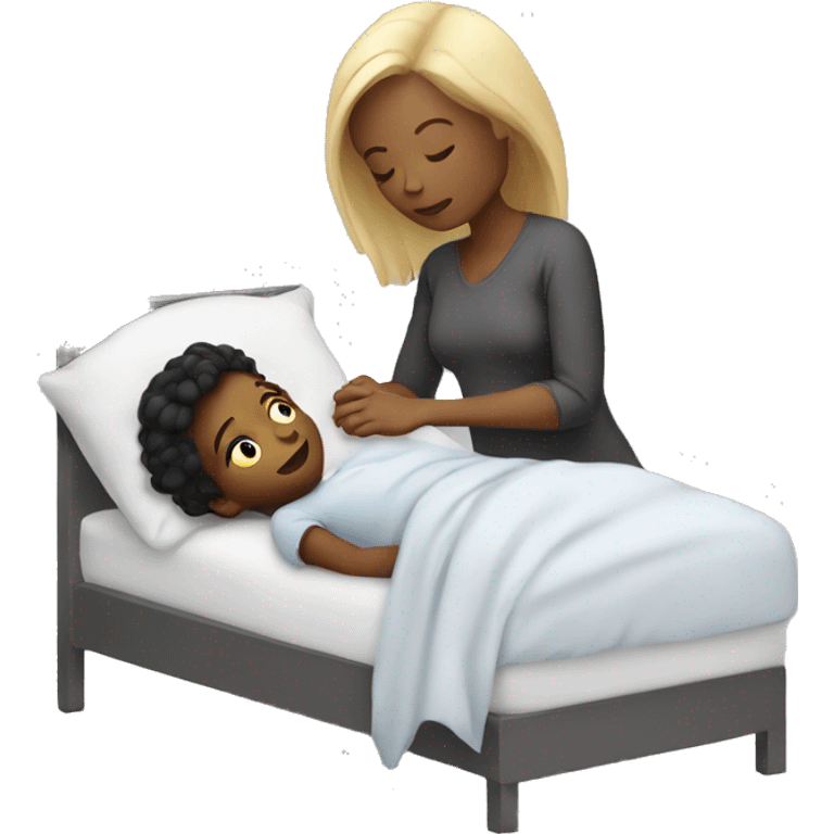 White mom tucking child in to bed emoji