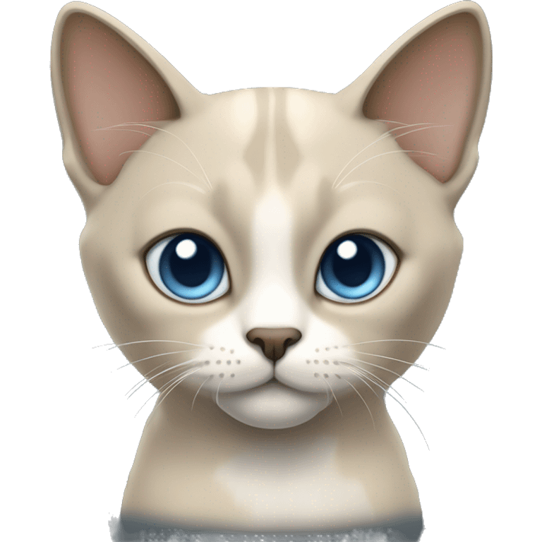 Thai breed cat with a light cream-brown body, dark gray face, ears, and paws. Short fur, sharp ears, and striking light blue eyes with an intense gaze. emoji