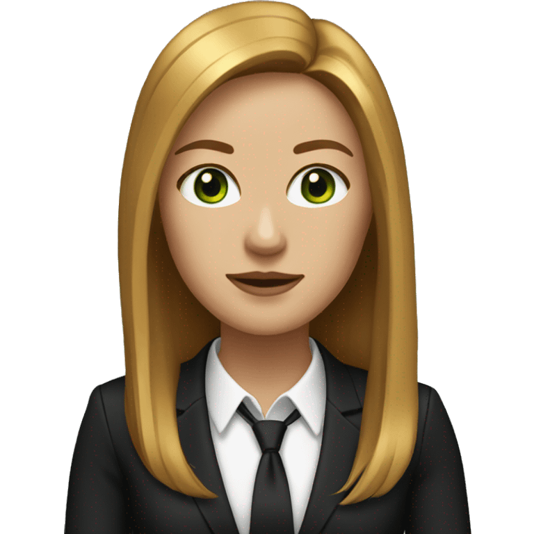 executive woman, long straight golden brown hair, green eyes, black suit emoji