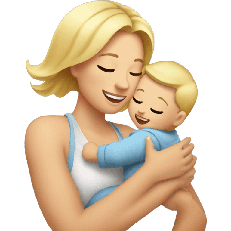 an EMOJI of a young mother with blonde hair, waist-up portrait, joyfully lifting baby in the air. The mother is lifting the baby with raised hands above hear head and they look into each other eyes emoji