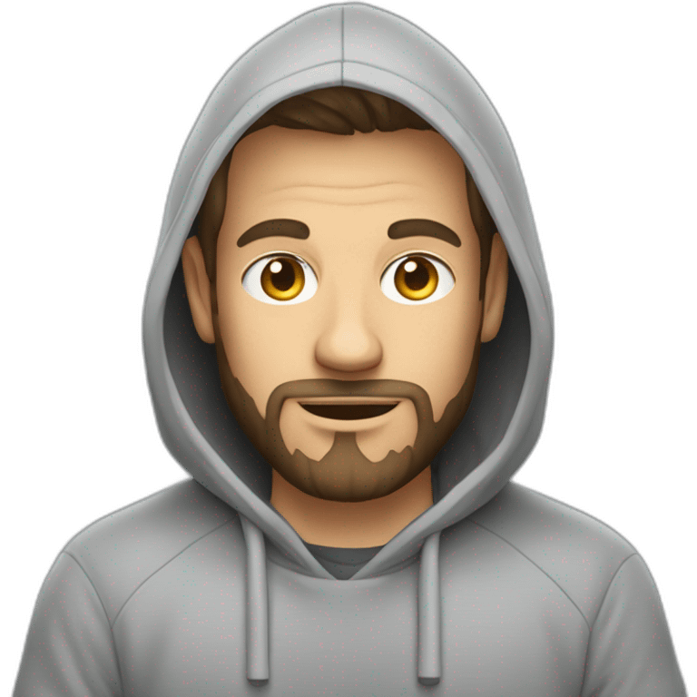 A white software developer in a gray hoodie and with a very short beard in front of an apple laptop emoji