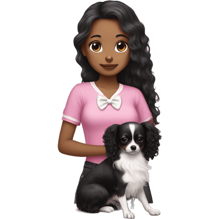 Girl with long black curly hair wearing a pink shirt holding a black and white long haired chihuahua wearing a white bow emoji