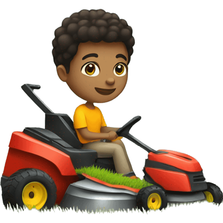 Normal mixed kid cutting grass with lawn mower emoji