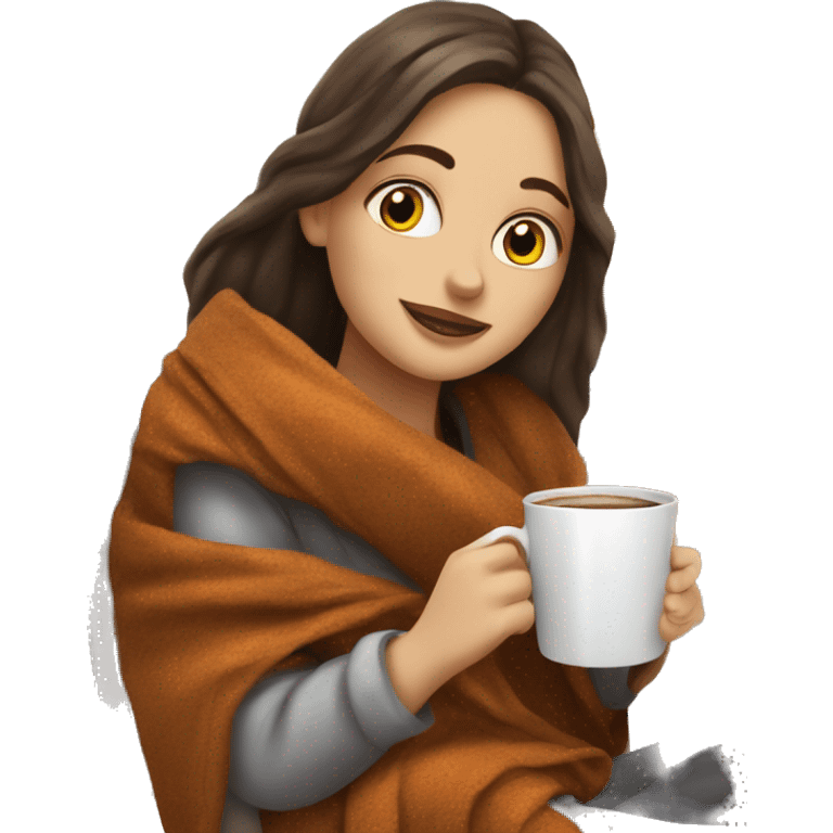 Brunette white girl covered in blanket autumn vibe sitting on a cozy chair holding coffee, window on the background emoji