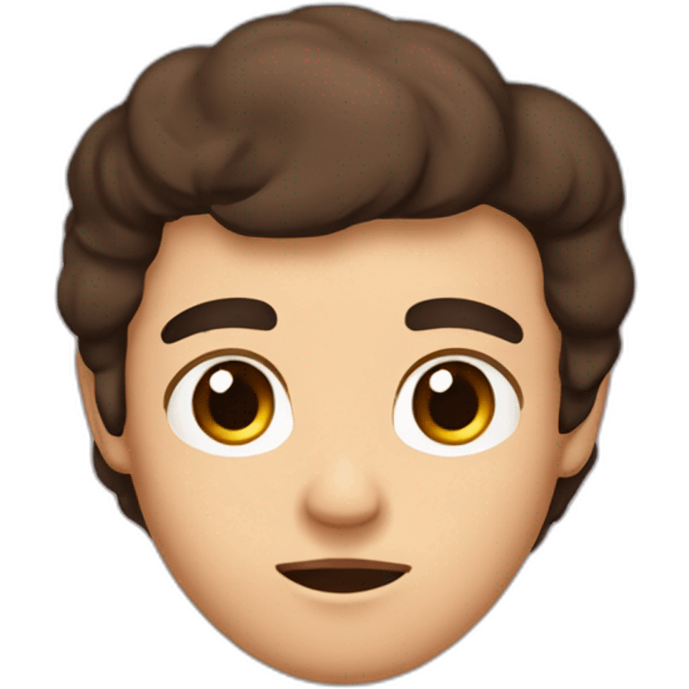 more square head, serios shut mouth, dense eyebrows, serious tired brown dark eyes,  wavy borwn dark hair that goes intil the ears lenght,  emoji