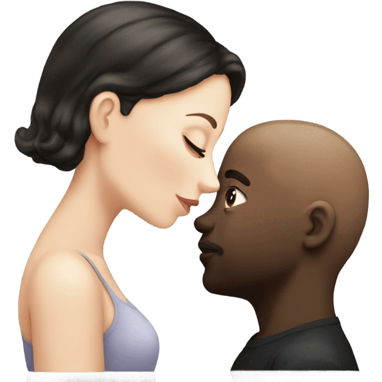 White girl dark hair kissing bald black man emoji