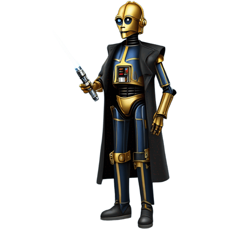 tough well-equipped jedi first order life-sized darkblue-pearl C3po as a friendly bounty hunter droid wearing a leather clothing old west duster coat holding light saber emoji