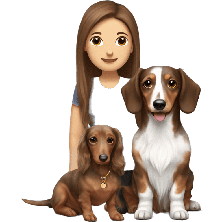 Tri Merle long haired Dachshund with brown haired woman together emoji