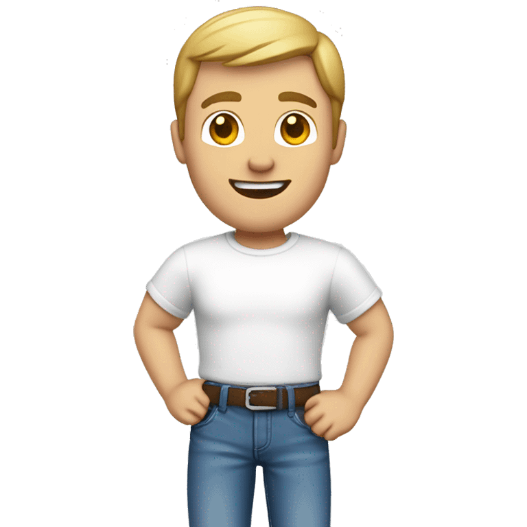 a caucasian male, full body. waving with his left hand. From the front.  Dressed with a round collar, white tshirt and blue jeans emoji