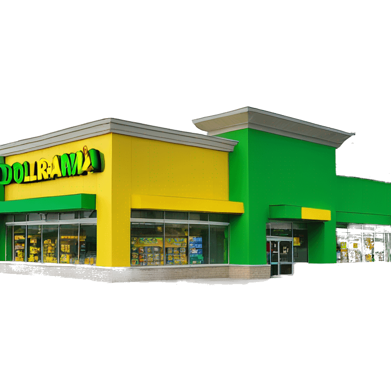 “Exterior of a Dollarama store with the bright green facade, bold yellow Dollarama sign, large front windows, and entrance doors, capturing the look of a budget-friendly retail store.” emoji