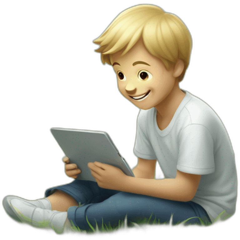 Portray the innocence of a white child sitting on grass, his behind is house, captivated by a tablet, with a beaming happy face that radiates wonder and delighted. emoji