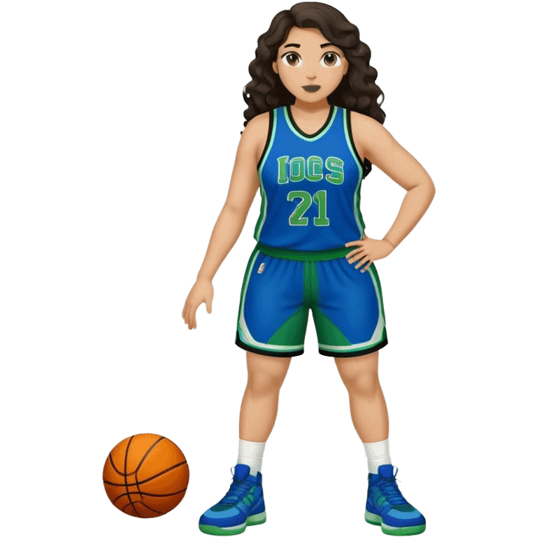 full body plus size light skin latino women basketball player with wavy dark hair large widenose wearing blue and green uniform emoji