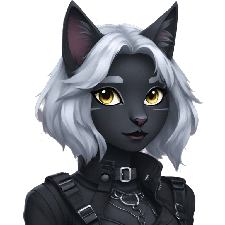 Gorgeous gothic dark techwear anime style anthro cat with blushing face aesthetic and pretty edgy black with collar and harness trending style emoji