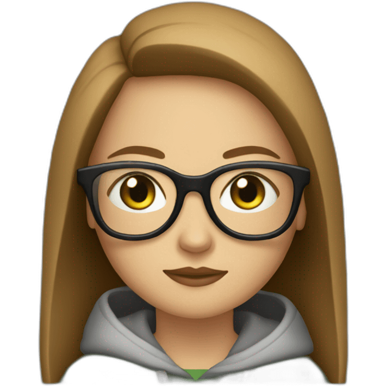 a white girl wearing glasses and a hoddie green eyes brown long hair sitting in front on a couch watching tv emoji