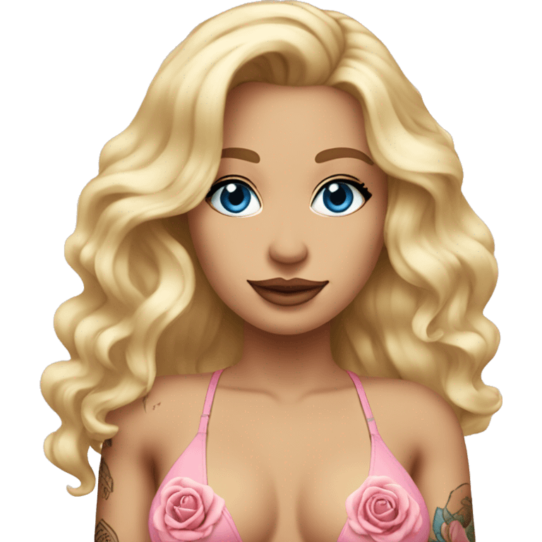 blonde woman. pink rose bikini. wavy long hair. tattoos. blue eyes emoji