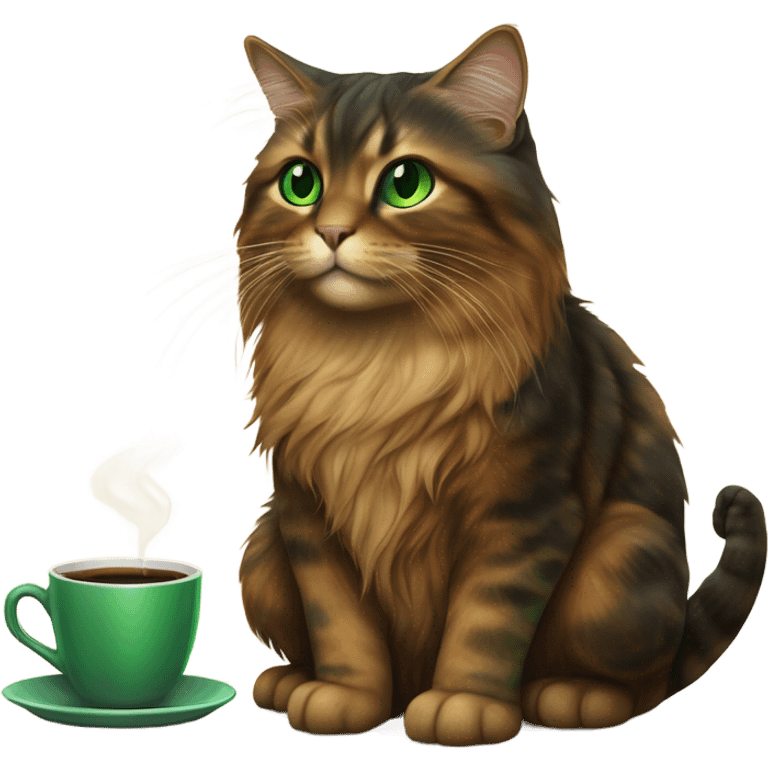 Long hair tortoise shell cat with green eyes drinking coffee emoji