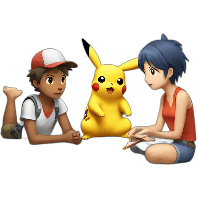 pikachu, ash and misty discussing a math problem emoji