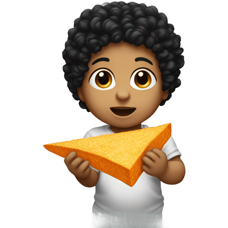 White baby with black curly hair eating Doritos  emoji