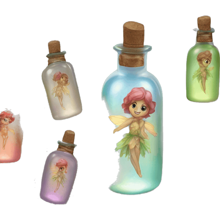 Antique oil bottle made of crystal glass of all delicate colors of the light rainbow, a living flower fairy sits at the bottom of the bottle emoji